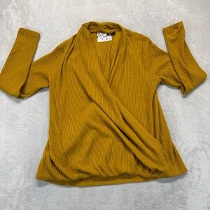 Akemi + Kin Shirt Women Medium Wrap Top Mustard Yellow Waffle Knit Surplice Boho
